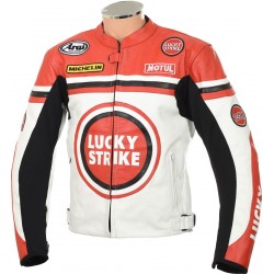 Lucky Strike WHITE & RED Leather Biker Motorcycle Jacket